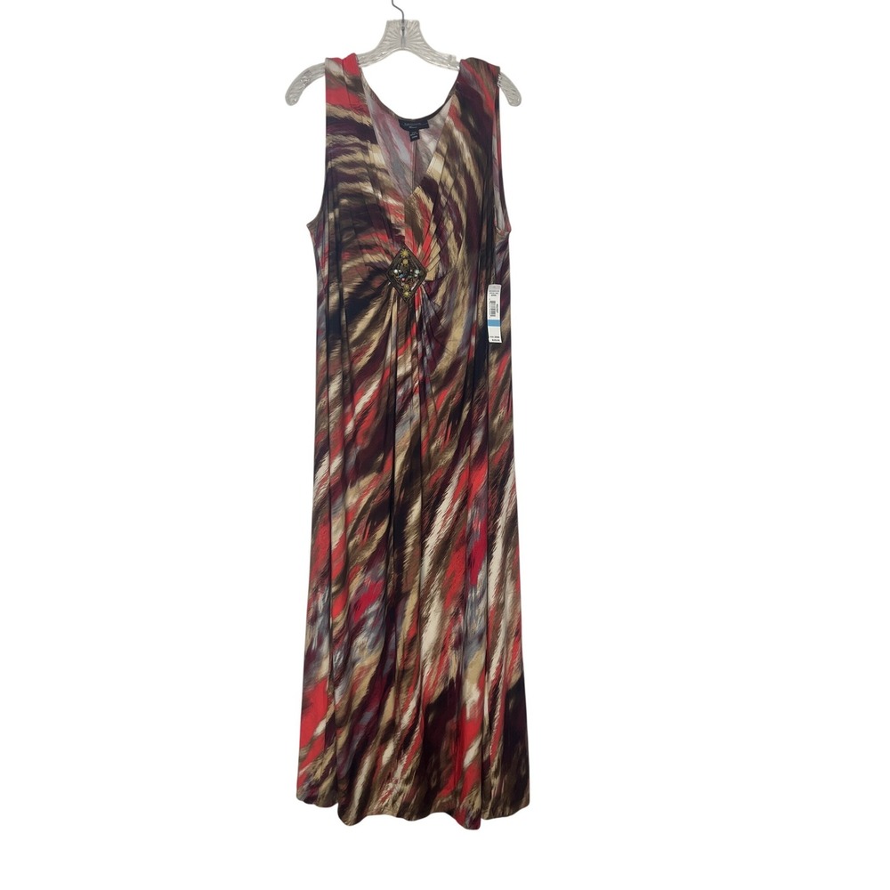 R&M Richards Maxi Dress Women 20W Brown Red Abstract Beaded Boho Event New